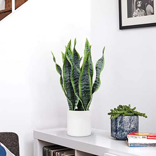 Briful Fake Snake Plant 16" Faux Potted Plant Artificial Snake Plant with White Ceramic Pot Sansevieria Plant Perfect for House Modern Living Room Office Housewarming Gift Indoor Decor