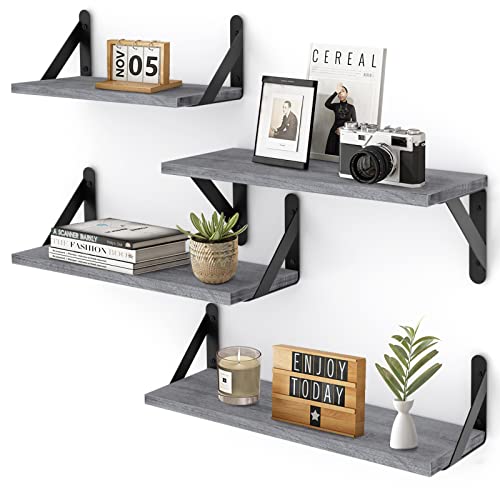 YGEOMER Floating Shelves, Set of 4, Gray Wood Wall Mounted Shelf for Living Room, Bathroom, Bedroom and Plants