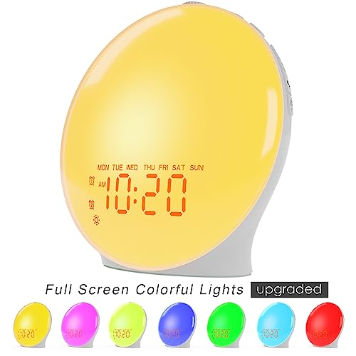 Sunrise Alarm Clock for Kids and Heavy Sleepers - Wake Up Light with Sunrise Simulation, Dual Alarms, FM Radio, Snooze, Nightlight, Colorful Lights, 7 Natural Sounds - Ideal Gift for Bedroom