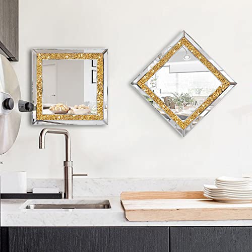 ZOLAPI 2PCS Crystal Rhinestone Diamond Wall Mirror.Brilliant Hand-Spliced Glass Mirror.Gold Accent Decorative Mirror for Hallway/Bathroom/Bedroom（12”x12”）