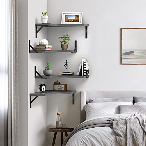 EACHPAI Floating Corner Shelves for Wall Décor Storage, Wall Shelves Set of 4, Wall Mounted Wood Shelves for Home Decor, Bedroom, Living Room, Bathroom, Kitchen, Office (Grey)…