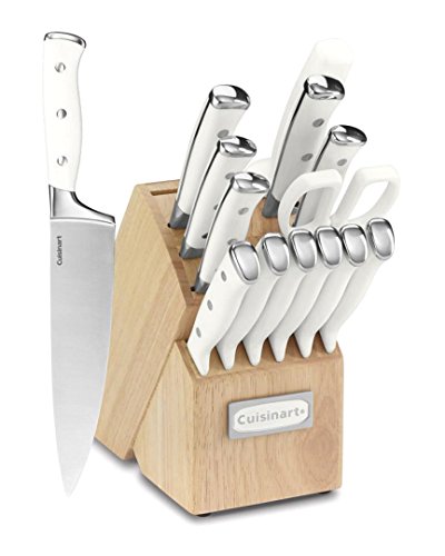 Cuisinart 15-Piece Knife Set with Block, High Carbon Stainless Steel, Forged Triple Rivet, White, C77WTR-15P