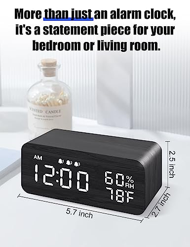 Experience Smart Simplicity with JALL Wooden Digital Alarm Clock - Wireless Charging, Dimmable Display, Adjustable Volume, 3 Alarms, Weekday/Weekend Mode, Snooze - Perfect for Bedroom, Bedside, and Office Use (Black)