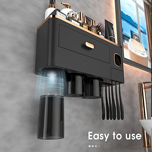 iHave Toothbrush Holders for Bathrooms - Upgrade Wall Mounted Toothbrush Holder with Toothpaste Dispenser - 3 Cups, Large Capacity Tray - Bathroom Accessories & Bathroom Organization and Storage