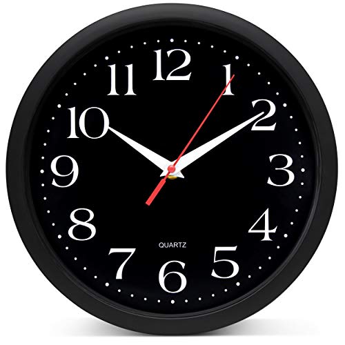 Bernhard Products Black Wall Clock Silent Non Ticking - 10 Inch Quality Quartz Battery Operated Round Easy to Read Home/Office/Kitchen/Classroom/School Clock (Jet Black)