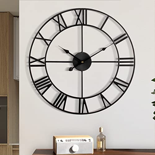 Large Wall Clock Metal Retro Roman Numeral Clock, Modern Round Wall Clocks Almost Silent, Easy to Read for Living Room/Home/Kitchen/Bedroom/Office/School Decor (Black, 16 Inch)