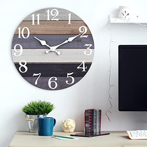 Rustic Wooden Wall Clock - 10 Inch Silent Non-Ticking Battery Operated Clock for Kitchen, Bathroom, Living Room, Bedroom, Office - Country Retro Style