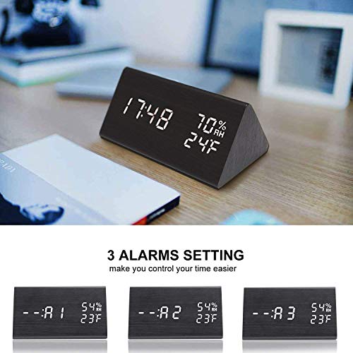 Black Digital Alarm Clock with Wooden LED Display - 3 Alarm Settings, Humidity & Temperature Detection - Wood-Designed Electric Clock for Bedroom and Bedside