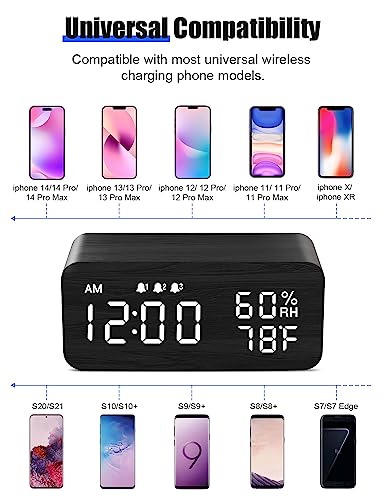 Experience Smart Simplicity with JALL Wooden Digital Alarm Clock - Wireless Charging, Dimmable Display, Adjustable Volume, 3 Alarms, Weekday/Weekend Mode, Snooze - Perfect for Bedroom, Bedside, and Office Use (Black)