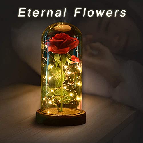 Enchanted Red Silk Rose in Glass Dome with LED Lights - SW Preserved Rose, Perfect Romantic Gift for Mother's Day, Anniversary, Birthday, Valentine's Day, or Wedding Décor