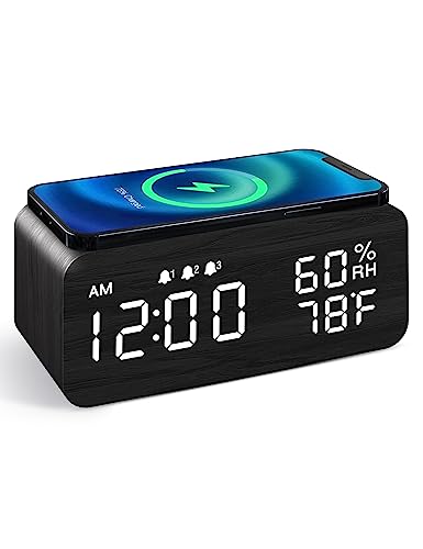 Experience Smart Simplicity with JALL Wooden Digital Alarm Clock - Wireless Charging, Dimmable Display, Adjustable Volume, 3 Alarms, Weekday/Weekend Mode, Snooze - Perfect for Bedroom, Bedside, and Office Use (Black)