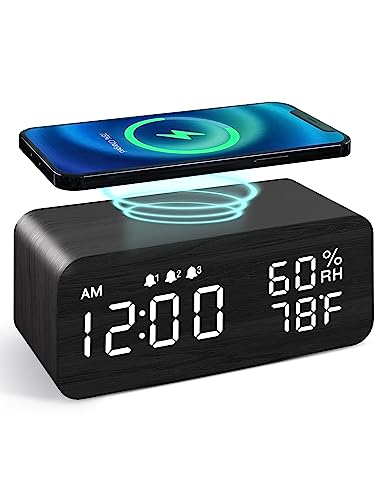 Experience Smart Simplicity with JALL Wooden Digital Alarm Clock - Wireless Charging, Dimmable Display, Adjustable Volume, 3 Alarms, Weekday/Weekend Mode, Snooze - Perfect for Bedroom, Bedside, and Office Use (Black)