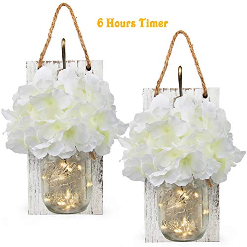 Rustic Wall Sconces Mason Jars Sconces with Remote Control LED Fairy Lights, Farmhouse Decor for Living Room Wall Decor of Bronze Retro Hooks, Silk Hydrangea Design for Home Decoration Set of Two