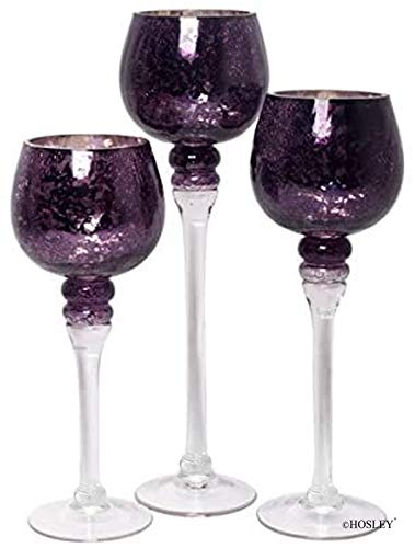 Hosley Set of 3 Crackle Purple Glass Tealight Holders - 12 Inch, 10 Inch, 9 Inch Ideal for Weddings Special Events Parties Also Makes a Great Gift