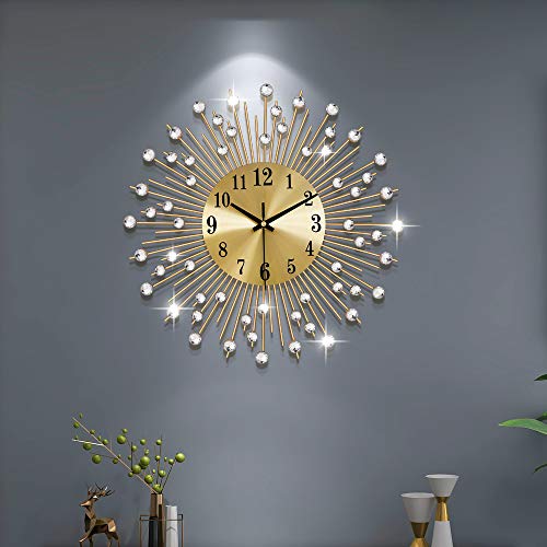 YIJIDECOR Large Wall Clocks for Living Room Decor Modern Gold Silent Wall Clock Battery Operated Non-Ticking for Bedroom Kitchen Home Decorative 14 Inch Round Metal Crystal Wall Watch Clock for Office