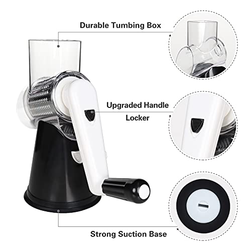 Rotary Cheese Grater Cheese Shredder - Cambom Kitchen Manual Cheese Grater with Handle Vegetable Slicer Nuts Grinder 3 Replaceable Drum Blades and Strong Suction Base Free Cleaning Brush