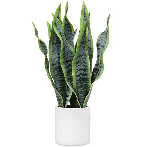 Briful Fake Snake Plant 16" Faux Potted Plant Artificial Snake Plant with White Ceramic Pot Sansevieria Plant Perfect for House Modern Living Room Office Housewarming Gift Indoor Decor