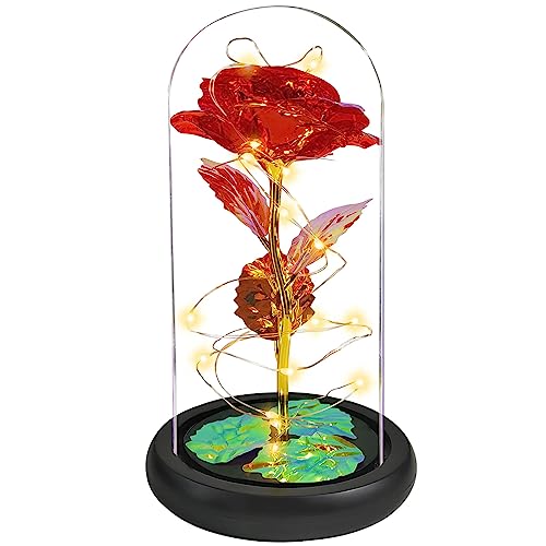 Jeekgsk Gifts for Women Gifts for Her Light up Rose in Glass Dome Roses Flower Xmas Gifts for Mom Valentine's Day Gifts Wedding Anniversary Thanksgiving (Red)