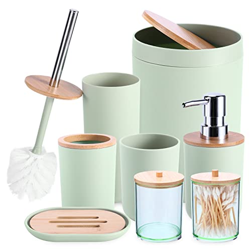 iMucci 8Pcs Pastel Green Bathroom Accessories Set - with Trash Can,Toilet Brush,Toothbrush Holder, Lotion Soap Dispenser, Soap Dish,Toothbrush Cup,Qtip Holder (Bamboo Cover)