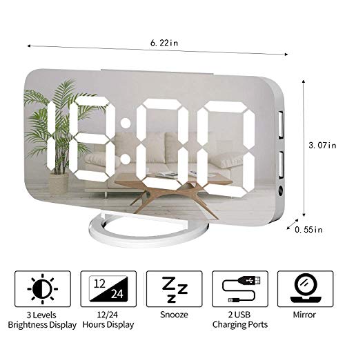 Miowachi Digital Alarm Clock - Large Mirrored LED Display, Snooze, Dim Night Light, 2 USB Charger Ports - Stylish Desk Alarm Clock