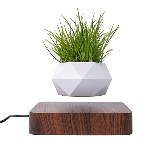 Magnetic Levitation Air Bonsai Pot, Mini Sky-Garden Rotating Flower Pot Planter, Magnetic Levitating Suspension Floating Pot, Potted Plant Home Living Room Office Decoration Gifts (Dark Wood)