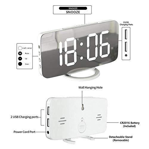 Miowachi Digital Alarm Clock - Large Mirrored LED Display, Snooze, Dim Night Light, 2 USB Charger Ports - Stylish Desk Alarm Clock