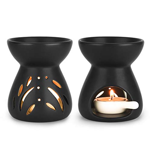 ComSaf Essential Oil Burner Wax Melt Burners Set of 2, Aromatherapy Aroma Burner Ceramic Oil Diffuser Candle Tealight Holder Home Bedroom Decor Christmas Housewarming Gift, Black