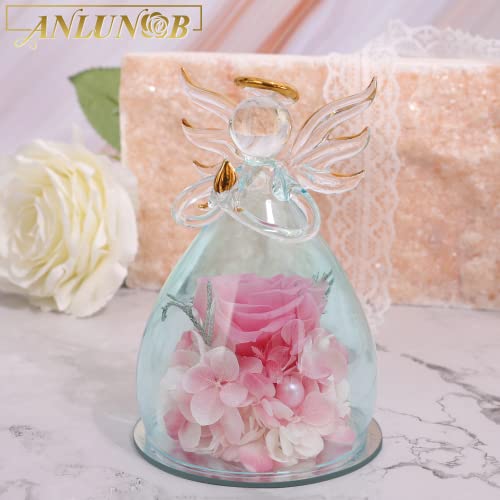 ANLUNOB Preserved Rose Birthday Gifts for Women Mom Grandma Wife, Glass Angel Figurines Gifts with Pretty Pink Flowers for Anniversary Wedding