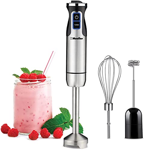 Mueller Ultra-Stick 500 Watt 9-Speed Immersion Multi-Purpose Hand Blender Heavy Duty Copper Motor Brushed 304 Stainless Steel With Whisk, Milk Frother Attachments