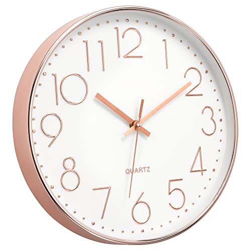 Add a Touch of Modern Sophistication with Foxtop 12-Inch Non-Ticking Silent Wall Clock - Battery Operated Round Quartz Clock in Rose Gold