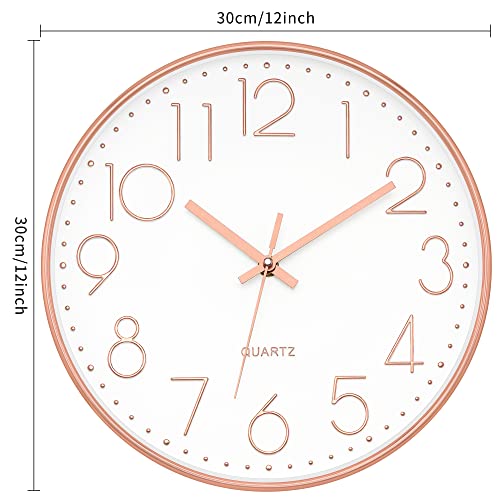 Add a Touch of Modern Sophistication with Foxtop 12-Inch Non-Ticking Silent Wall Clock - Battery Operated Round Quartz Clock in Rose Gold