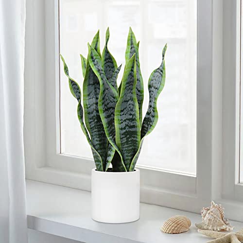 Briful Fake Snake Plant 16" Faux Potted Plant Artificial Snake Plant with White Ceramic Pot Sansevieria Plant Perfect for House Modern Living Room Office Housewarming Gift Indoor Decor