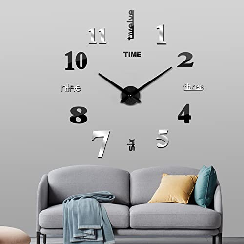 FERRISA Frameless DIY Wall Clock, 3 in 1 Large 3D Frameless Wall Clock 47 Inch, 3D DIY Wall Clock for Living Room Bedroom Office Decor Wall Decor（Black +Silver）