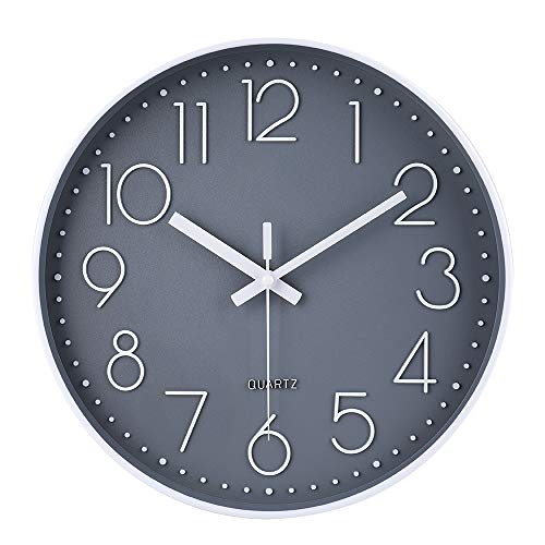 Modern Simple Style 12-Inch Non-Ticking Wall Clock - Silent Battery Operated Round Decor for Home, Office, School, Kitchen, Bedroom, Living Room by Jomparis (Gray)