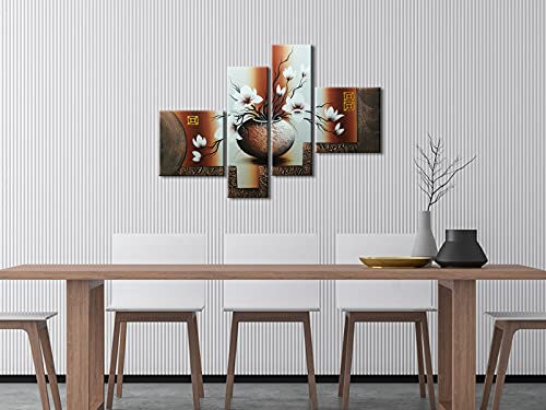 Wieco Art -Stretched and Framed 100% Hand-painted Modern Canvas Wall Art Stretched and Framed Elegant Flowers for Home Decoration Floral Oil Paintings on Canvas 4pcs/set