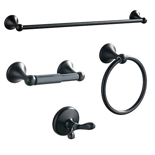 BGL Bathroom Hardware Set, Matte Black Adjustable Expandable Towel Bar 4-Piece Bathroom Accessory Set Wall Mounted Robe Hook Toilet Paper Holder Towel Ring Towel Bar