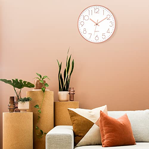 Add a Touch of Modern Sophistication with Foxtop 12-Inch Non-Ticking Silent Wall Clock - Battery Operated Round Quartz Clock in Rose Gold