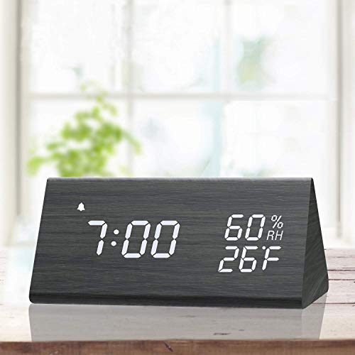 Black Digital Alarm Clock with Wooden LED Display - 3 Alarm Settings, Humidity & Temperature Detection - Wood-Designed Electric Clock for Bedroom and Bedside