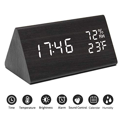 Black Digital Alarm Clock with Wooden LED Display - 3 Alarm Settings, Humidity & Temperature Detection - Wood-Designed Electric Clock for Bedroom and Bedside