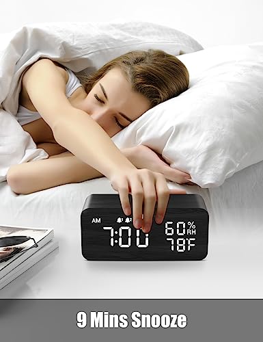 Experience Smart Simplicity with JALL Wooden Digital Alarm Clock - Wireless Charging, Dimmable Display, Adjustable Volume, 3 Alarms, Weekday/Weekend Mode, Snooze - Perfect for Bedroom, Bedside, and Office Use (Black)