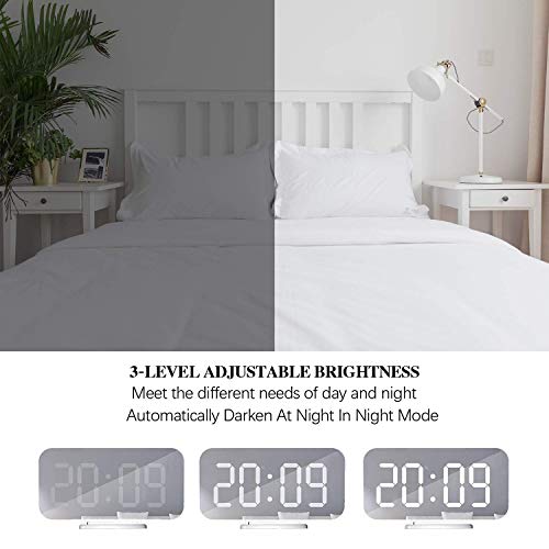 Miowachi Digital Alarm Clock - Large Mirrored LED Display, Snooze, Dim Night Light, 2 USB Charger Ports - Stylish Desk Alarm Clock