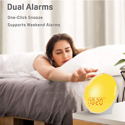 Sunrise Alarm Clock for Kids and Heavy Sleepers - Wake Up Light with Sunrise Simulation, Dual Alarms, FM Radio, Snooze, Nightlight, Colorful Lights, 7 Natural Sounds - Ideal Gift for Bedroom