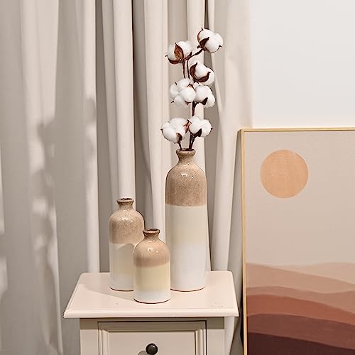 TERESA'S COLLECTIONS Large Modern Farmhouse Ceramic Vase, Home Décor Accents, Rustic Beige White Decorative Flower Vase for Centerpiece, for Pampas Grass, Shelf, Table, Mantel, Living Room, 12" -3PCs