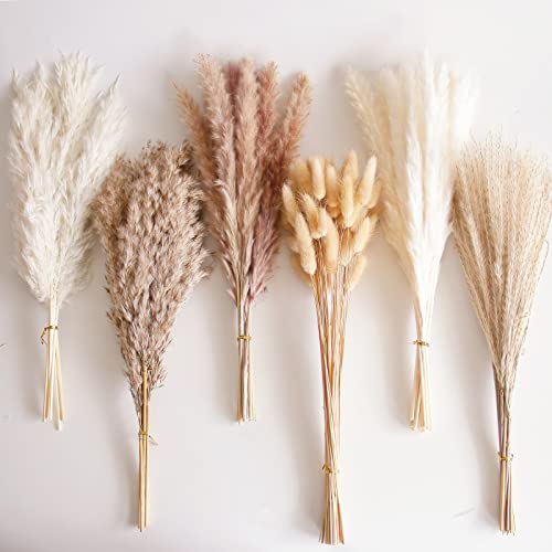 110 PCS Dried Pampas Grass Bouquet, Boho Table Decor, Bunny Tails Dried Flowers, Brown Pompas, White Pampas Grass for Wedding, Home, Rustic Party, Baby Shower Decorations