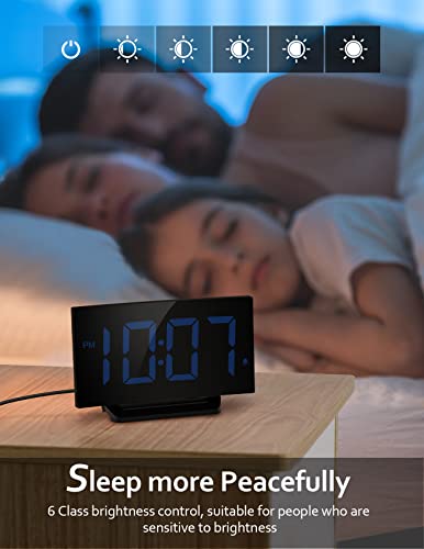 Modern Curved Digital Alarm Clock for Bedrooms - Blue LED Numbers, Adjustable Brightness, Multiple Alarms, Snooze, Power-Off Memory - 12/24H Bedside Clock with Sleek Design