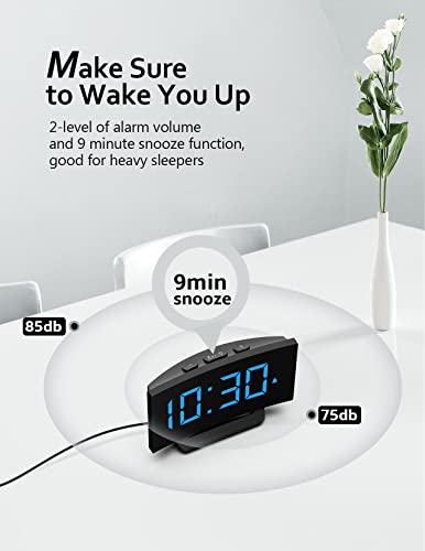 Modern Curved Digital Alarm Clock for Bedrooms - Blue LED Numbers, Adjustable Brightness, Multiple Alarms, Snooze, Power-Off Memory - 12/24H Bedside Clock with Sleek Design