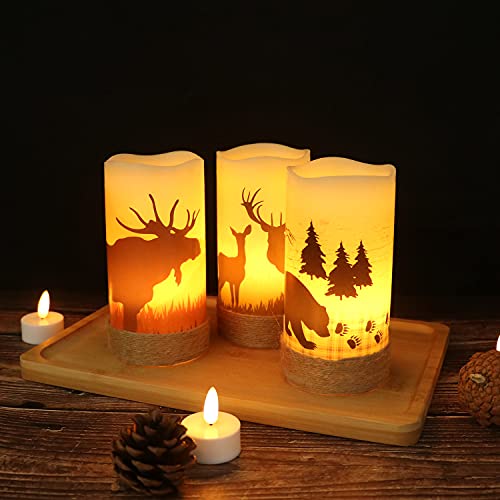 GenSwin Flameless Flickering Led Candles with Hemp Rope and 6H Timer, Battery Operated Set of 3 Real Wax Pillar Rustic Candles Warm Light with Deer, Moose, Bear Decals Decor Christmas Home(D3 x H6)