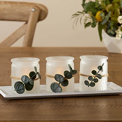 Kate Aspen Frosted Glass Votive Candle Holders & Tray Set, Farmhouse Decor, Shelf Decor, Room Decoration Accent, Table Decor, Set of 3 with Tray (00234NA)