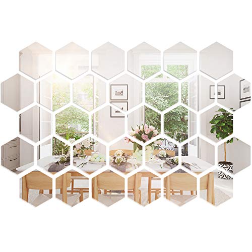 32 Pieces Hexagon Mirror Wall Stickers Removable Acrylic Mirror Setting Hexagon Wall Sticker Decal for Home Room Living Bedroom Decor (10 x 8.6 x 5 cm)