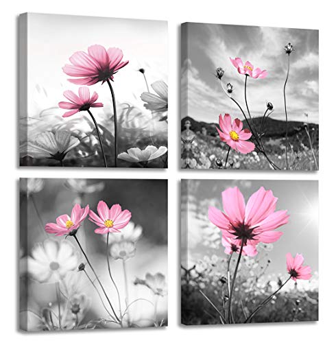 Yang Hong Yu Pink Flower Wall Art for Women Girls Bedroom Peacock Flower Abstract Canvas Painting Artistic Black and White Prints Picture Decor for Living Room 14x14 Pink Grey